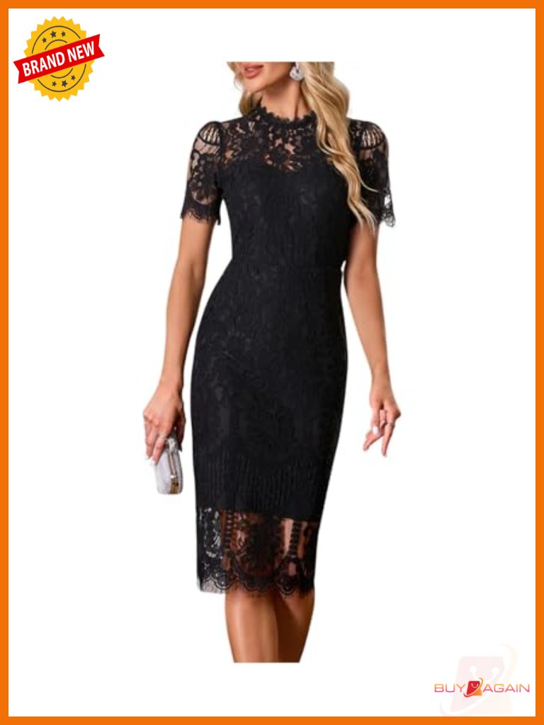 Elegant Lace Cocktail Dress Short Sleeve Bodycon Knee Length Party Wedding